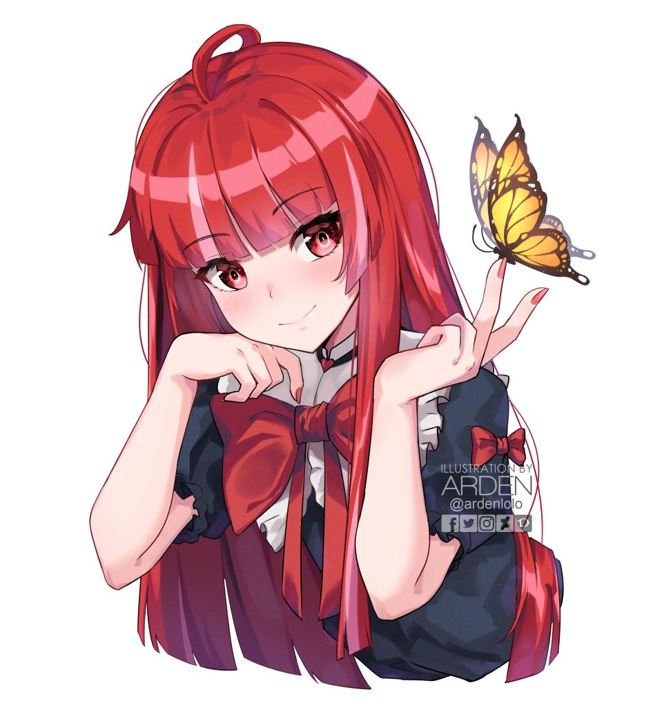 1girl ahoge ardenlolo artist_name black_dress blush bow bug butterfly choker dress eyebrows_visible_through_hair frilled_shirt_collar frills head_on_hand heart heart_choker hololive hololive_indonesia insect kureiji_ollie looking_at_viewer multicolored_hair olivia_(kureiji_ollie) orange_butterfly pink_hair red_bow red_eyes redhead streaked_hair twitter_username two-tone_hair watermark white_background yellow_butterfly
