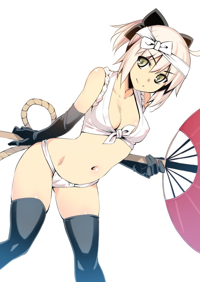 1girl ahoge bare_shoulders black_gloves black_legwear bow breasts closed_mouth covered_nipples elbow_gloves fan fate/grand_order fate_(series) fundoshi gloves green_eyes hair_bow headband holding holding_fan japanese_clothes looking_at_viewer medium_breasts namonashi navel okita_souji_(fate) okita_souji_(fate)_(all) ponytail shirt simple_background smile solo spread_legs standing thigh-highs tied_shirt white_background white_bow