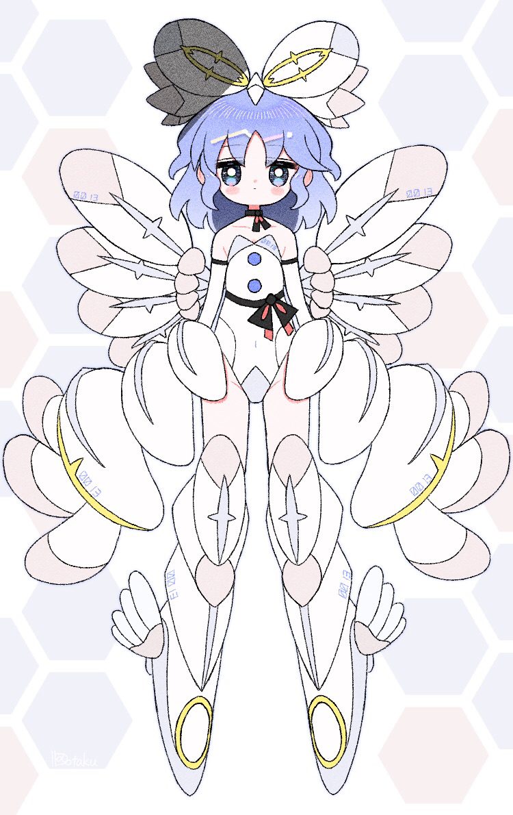 1girl aqua_eyes black_choker blue_hair blush_stickers bow choker closed_mouth collarbone covered_navel dotaku_(wran8845) dress elbow_gloves flat_chest gloves hair_bow hexagon jitome looking_at_viewer mai_(touhou) mecha_musume mechanical_legs mechanical_wings mechanization solo standing strapless strapless_dress thighs touhou touhou_(pc-98) white_background white_dress wings