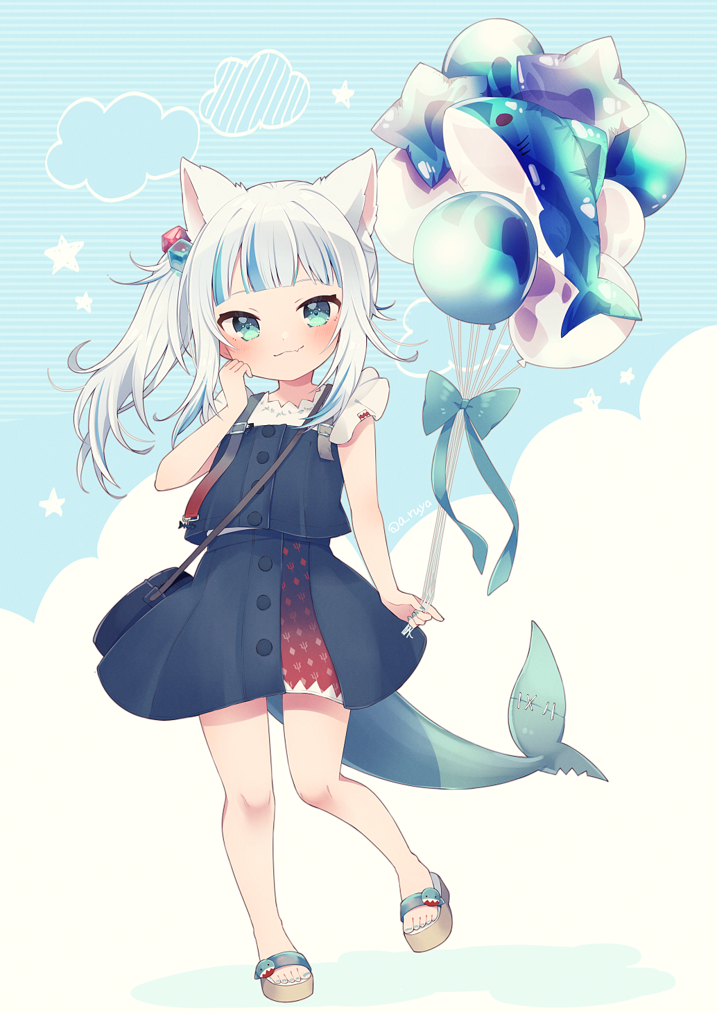 1girl animal_ears aruya_(flosrota) bag balloon balloon_animal bangs bare_legs blue_eyes blue_hair blue_skirt blunt_bangs blush buttons cat_ears closed_mouth fang fish_tail frilled_sleeves frills full_body gawr_gura hair_cubes hair_ornament handbag highres holding holding_balloon hololive hololive_english looking_at_viewer medium_hair miniskirt multicolored_hair sandals shark_girl shark_tail shirt short_sleeves side_ponytail sidelocks silver_hair skin_fang skirt skirt_set smile solo streaked_hair suspenders tail toenail_polish white_shirt