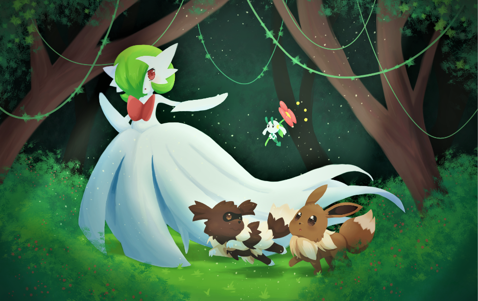 1girl :3 arm_up bangs bellavoirr black_eyes blush bob_cut brown_eyes bush closed_mouth colored_skin commentary day dress eevee elbow_gloves english_commentary flabebe flabebe_(red) flat_chest floating flower forest full_body gardevoir gen_1_pokemon gen_3_pokemon gen_6_pokemon gloves grass green_hair hair_over_one_eye hand_up light_blush light_particles looking_at_another looking_back looking_up mega_gardevoir mega_pokemon mixed-language_commentary nature open_mouth outdoors outstretched_arm plant pokemon pokemon_(creature) red_eyes red_flower short_hair standing strapless strapless_dress tree vines walking white_dress white_gloves white_skin zigzagoon