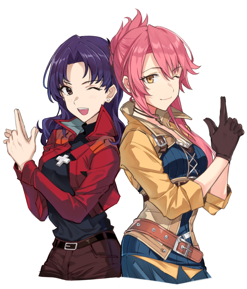 2girls ;d back-to-back bangs belt black_gloves black_shirt blue_shirt blue_skirt blush breasts brown_belt brown_eyes brown_pants carrie_keranen closed_mouth commentary cowboy_shot cropped_jacket cross cross_necklace crossover ear_piercing eiyuu_densetsu english_commentary eyebrows_visible_through_hair finger_gun gloves hair_between_eyes hands_together jacket jewelry katsuragi_misato long_hair long_sleeves looking_at_viewer medium_breasts medium_hair multiple_girls necklace neon_genesis_evangelion one_eye_closed open_clothes open_jacket open_mouth orange_eyes pants parted_bangs piercing pink_hair purple_hair rararaman red_jacket ribbed_shirt sara_valestein sen_no_kiseki sen_no_kiseki_iii shirt shirt_tucked_in simple_background skirt smile turtleneck underbust voice_actor_connection white_background yellow_jacket