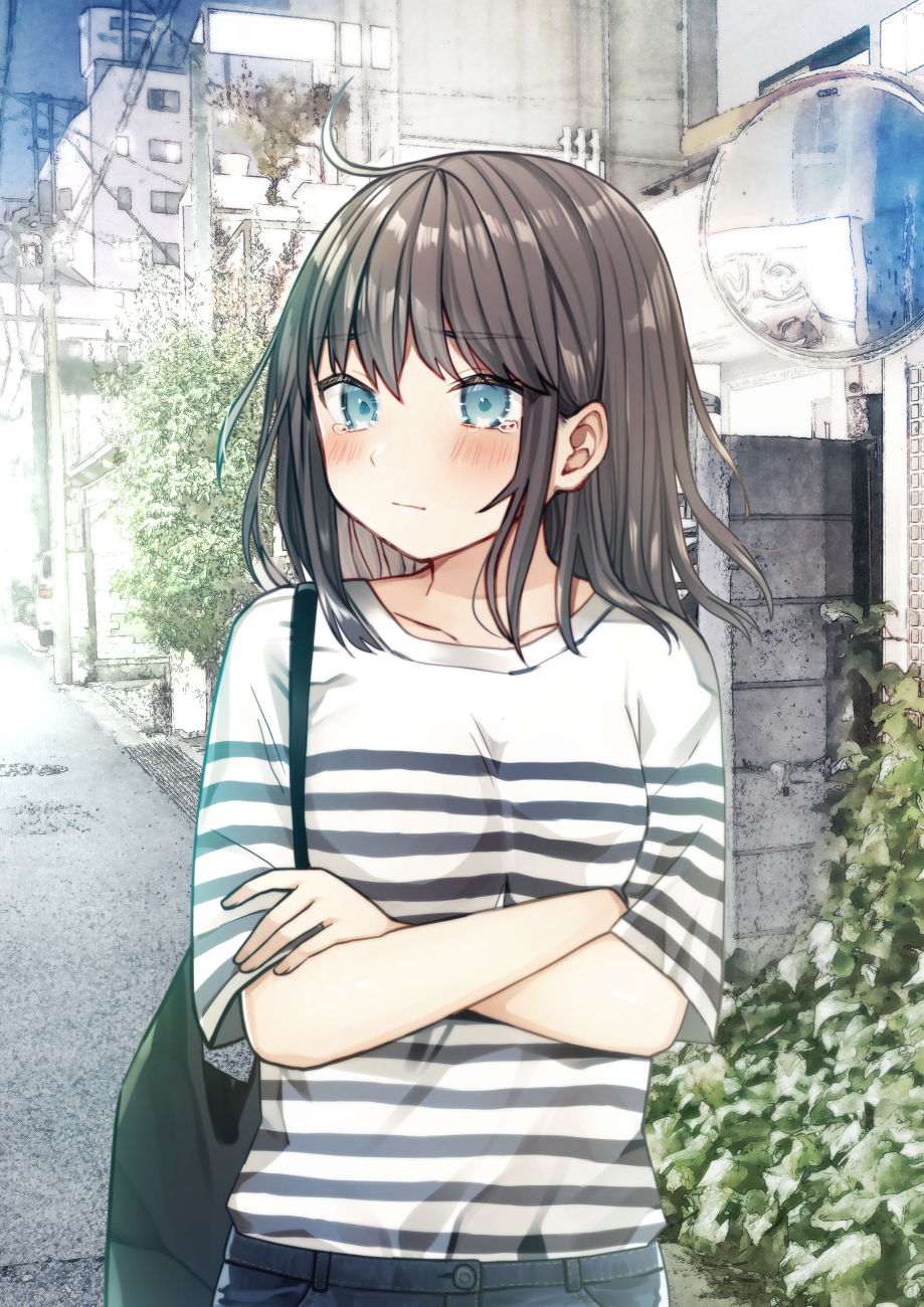 1girl bag black_hair blue_eyes blush building bush closed_mouth commentary_request crossed_arms denim highres jeans kurata_rine long_sleeves medium_hair mirror original outdoors pants plant road shirt sky solo standing street striped striped_shirt tears tree white_shirt