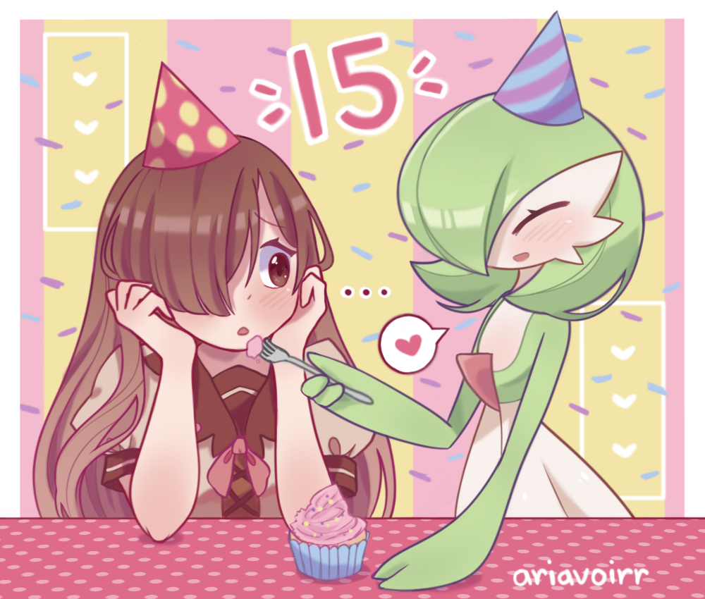 ... 2girls ^_^ artist_name bangs bellavoirr birthday blush bob_cut border brown_dress brown_eyes brown_hair closed_eyes colored_skin commentary confetti cupcake dress embarrassed english_commentary eyebrows_visible_through_hair feeding flat_chest food fork gardevoir gen_3_pokemon green_hair green_skin hair_over_one_eye hand_up hands_on_own_face hands_up happy head_rest heart holding holding_fork long_hair looking_at_another looking_to_the_side multicolored multicolored_skin multiple_girls number open_mouth original outside_border pokemon pokemon_(creature) polka_dot puffy_short_sleeves puffy_sleeves shiny shiny_hair short_hair short_sleeves sidelocks sideways_mouth signature sitting smile sofia_(bellavoirr) speech_bubble spoken_heart striped striped_background table two-tone_skin upper_body white_border white_skin