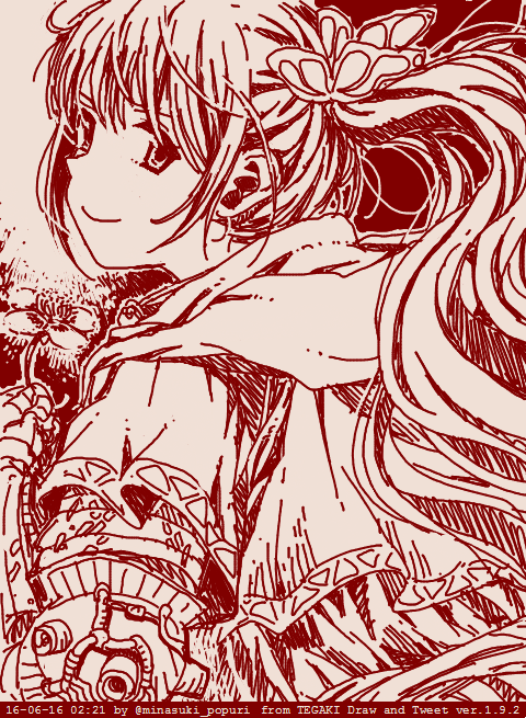 1girl artist_name character_request closed_mouth commentary_request copyright_request dated english_text floating_hair flower from_behind hair_ornament holding holding_flower long_hair looking_at_viewer looking_back minasuki_popuri monochrome oekaki red_theme sidelocks sketch smile solo tegaki tegaki_draw_and_tweet tied_hair