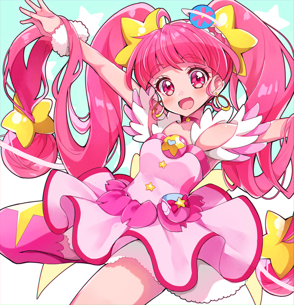 1girl :d blush choker cure_star eru eyebrows_visible_through_hair hair_ornament hoshina_hikaru long_hair looking_at_viewer magical_girl open_mouth outstretched_arms pink_choker pink_eyes pink_hair pink_skirt precure skirt smile solo star_(symbol) star_hair_ornament star_twinkle_precure twintails