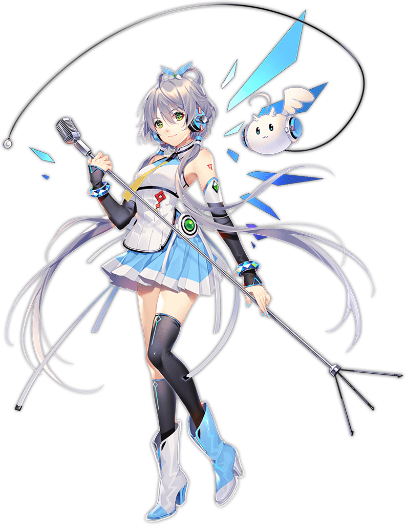 antenna_hair ark_order bangs bare_shoulders black_legwear blue_footwear blue_nails blue_skirt boots detached_sleeves green_eyes grey_hair headphones holding holding_microphone_stand kneehighs long_hair looking_at_viewer low_twintails luo_tianyi microphone microphone_stand official_art pleated_skirt shirt single_kneehigh single_thighhigh single_wing skirt sleeves_past_wrists tachi-e thigh-highs tian_dian tidsean transparent_background twintails very_long_hair vocaloid vsinger white_footwear white_shirt wings