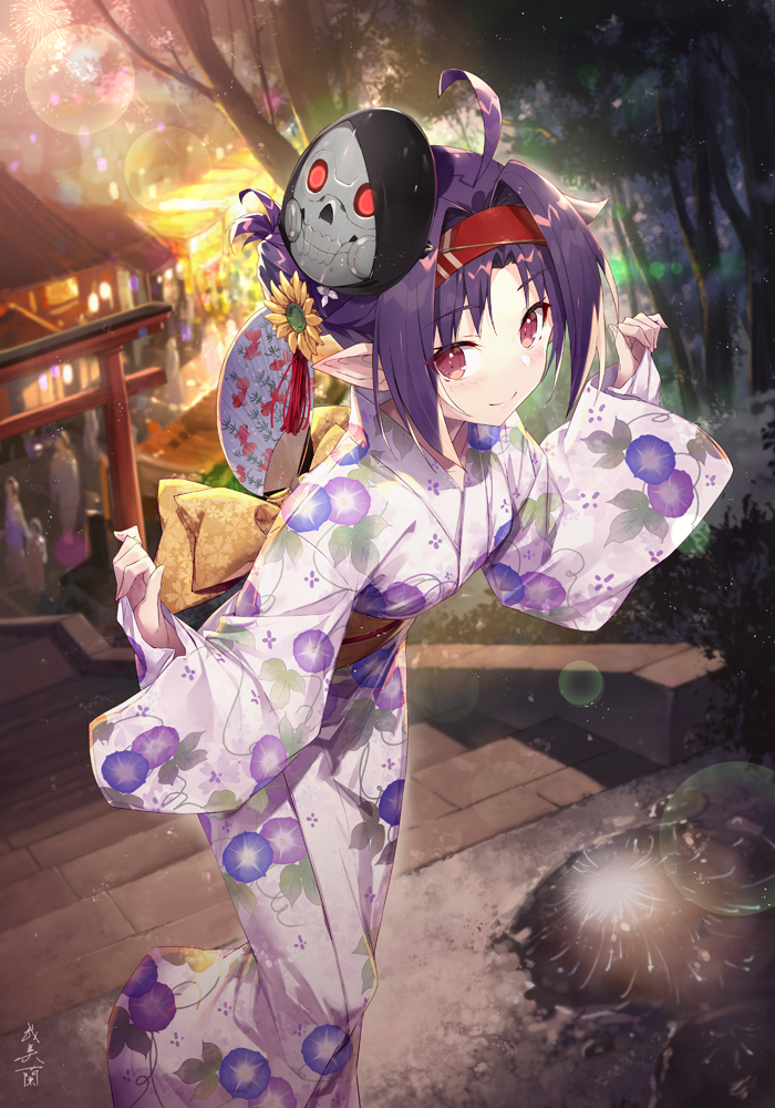 1girl ahoge alternate_costume bangs blush bow closed_mouth commentary_request death_gun fan floral_print flower gabiran hair_flower hair_ornament hairband holding holding_fan house japanese_clothes kimono large_bow long_hair long_sleeves looking_at_viewer mask mask_on_head mole mole_under_eye outdoors people pointy_ears purple_hair red_eyes red_hairband smile solo_focus sunflower sword_art_online tree white_kimono wide_sleeves yellow_bow yuuki_(sao)