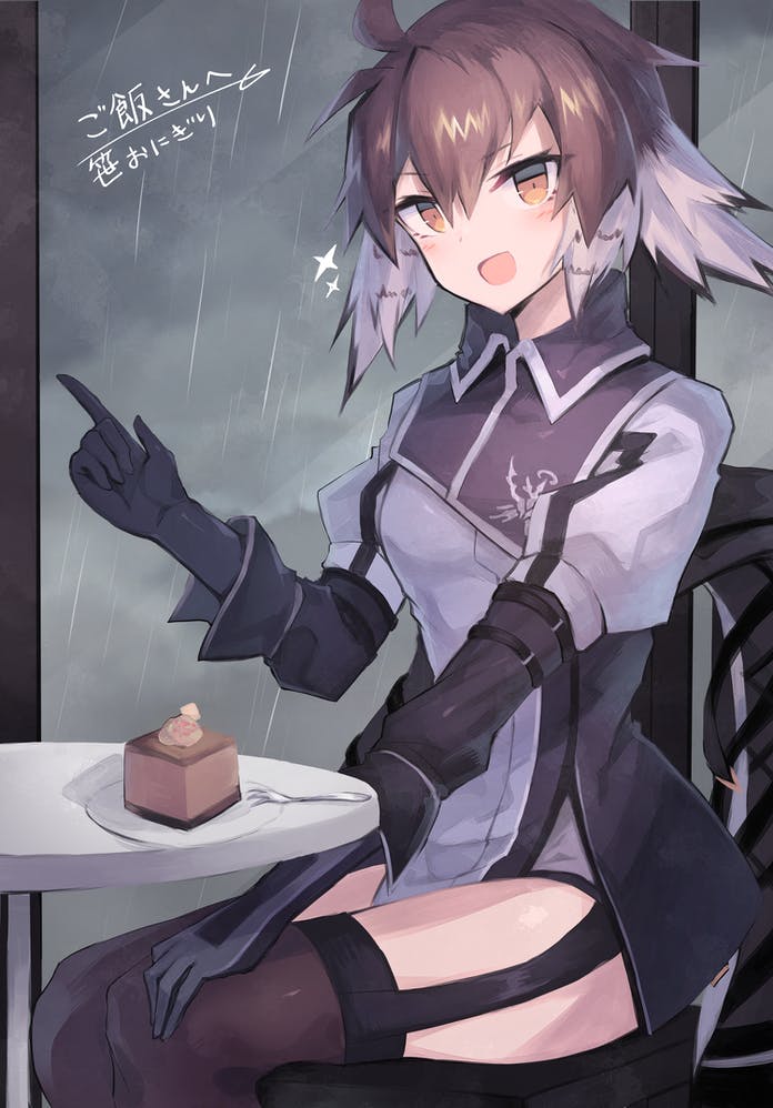 1girl ahoge arknights artist_name black_gloves blush brown_hair cake cape_removed commission feet_out_of_frame food fork garter_straps gloves grey_shirt index_finger_raised looking_at_viewer multicolored_hair open_mouth plate plume_(arknights) rain sasa_onigiri shirt short_hair skeb_commission solo sparkle two-tone_hair white_hair window yellow_eyes