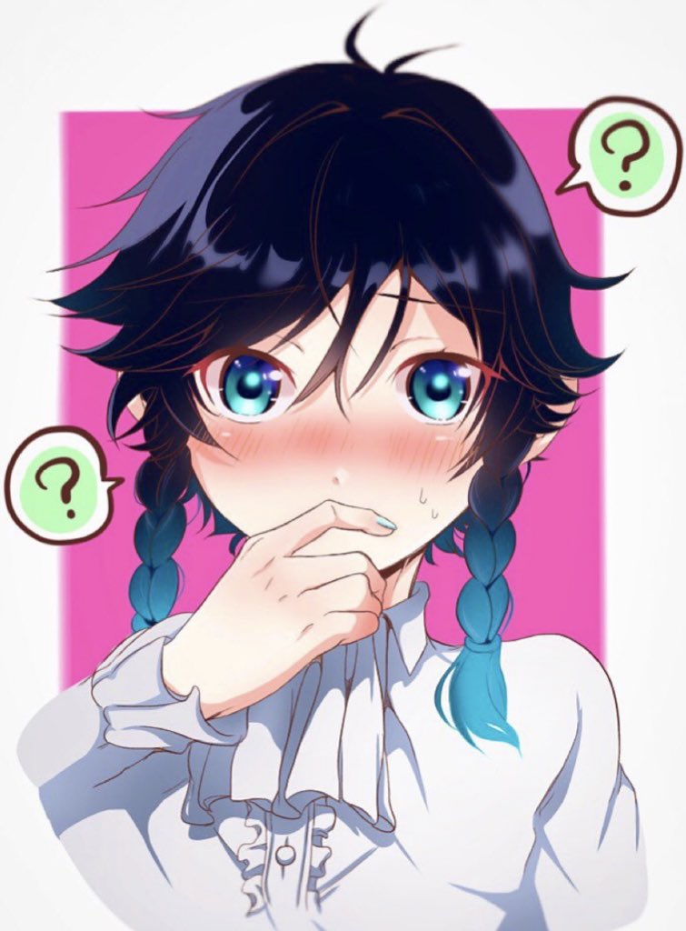 1boy ? androgynous ascot bangs black_hair blue_hair blue_nails blush braid collared_shirt commentary_request covered_mouth cravat eyebrows_visible_through_hair flower frilled_sleeves frills genshin_impact gradient_hair green_eyes hand_on_own_face liuli_mao_cai_ye long_sleeves looking_at_viewer male_focus multicolored_hair nail_polish pink_background shirt short_hair_with_long_locks sidelocks simple_background solo spoken_question_mark sweat twin_braids venti_(genshin_impact) white_background white_shirt