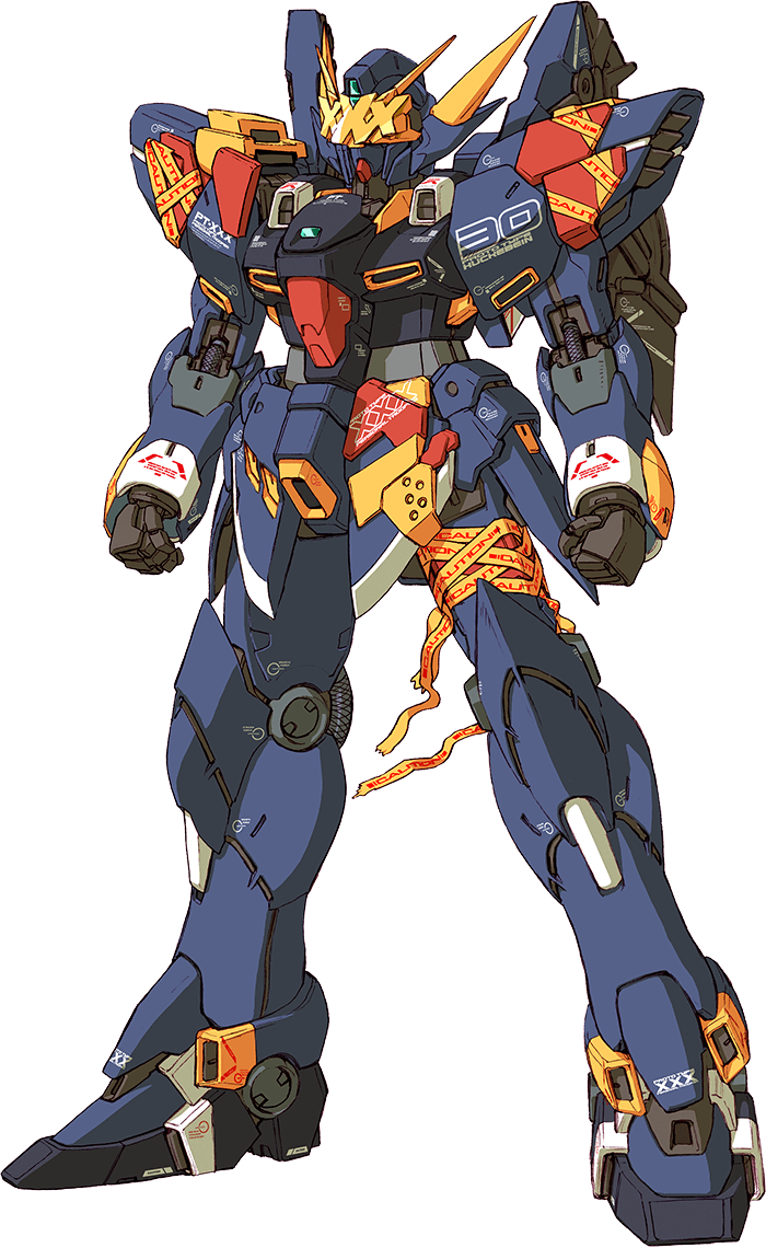 caution_tape clenched_hands full_body huckebein_30 katoki_hajime mecha no_humans official_art science_fiction solo standing super_robot_wars super_robot_wars_30 transparent_background v-fin