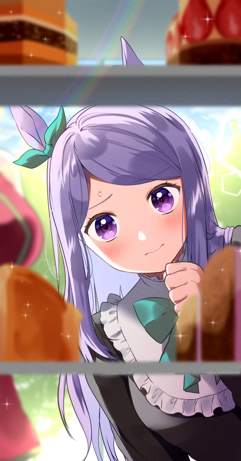1girl animal_ears bangs blush cake clenched_hand closed_mouth collar commentary_request ear_ribbon food frilled_collar frills grimace highres horse_ears horse_girl kazehana_(spica) leaning_to_the_side light_purple_hair long_hair looking_at_object mejiro_mcqueen_(umamusume) solo sweatdrop swept_bangs umamusume upper_body violet_eyes