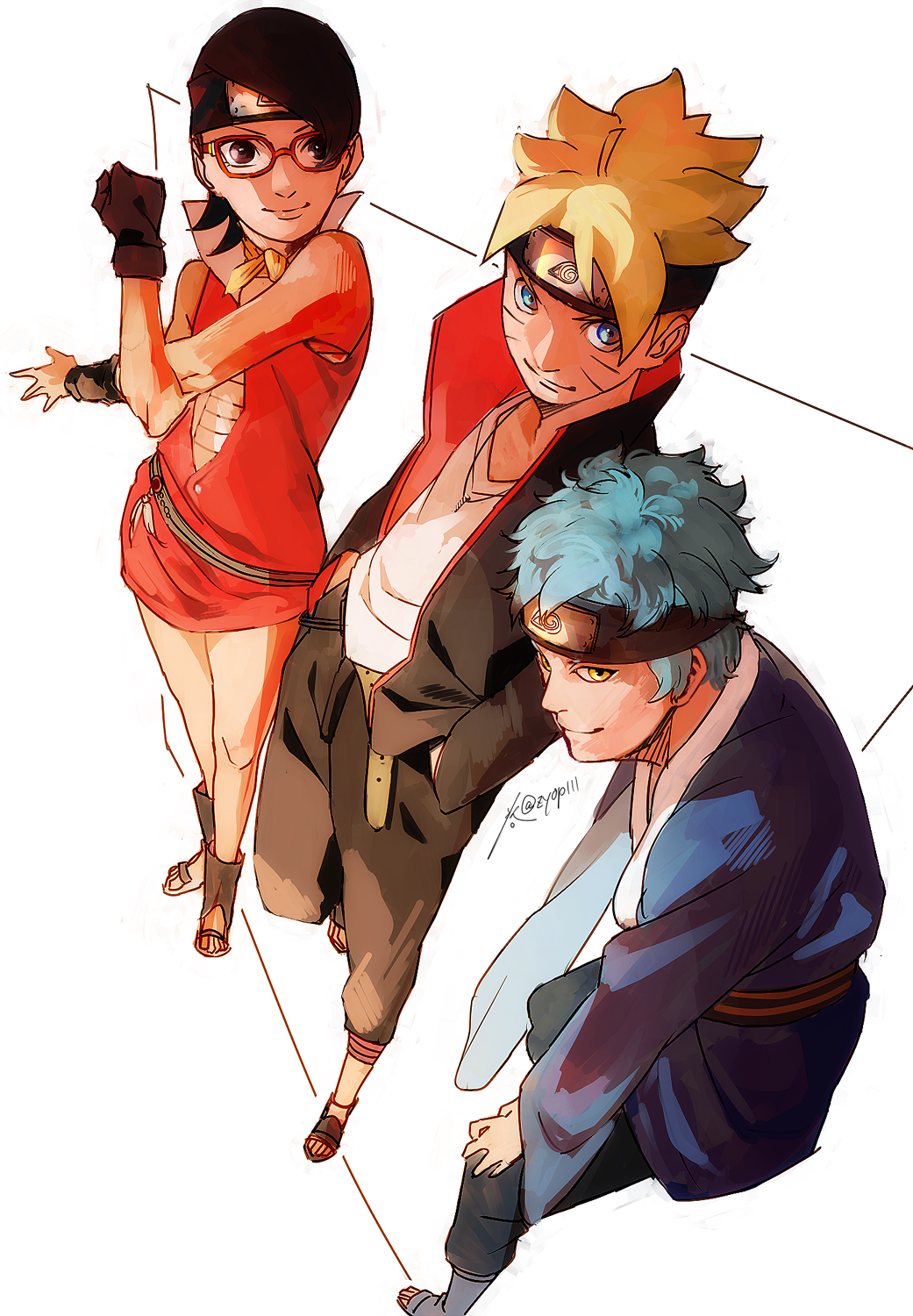 1girl 2boys belt black_hair blonde_hair blue_eyes blue_hair boruto:_naruto_next_generations facial_mark forehead_protector full_body glasses hands_in_pockets highres japanese_clothes konohagakure_symbol mitsuki_(naruto) multiple_boys naruto_(series) red-framed_eyewear short_hair sleeveless smile stretch toeless_footwear uchiha_sarada uzumaki_boruto whisker_markings yellow_eyes zifletts