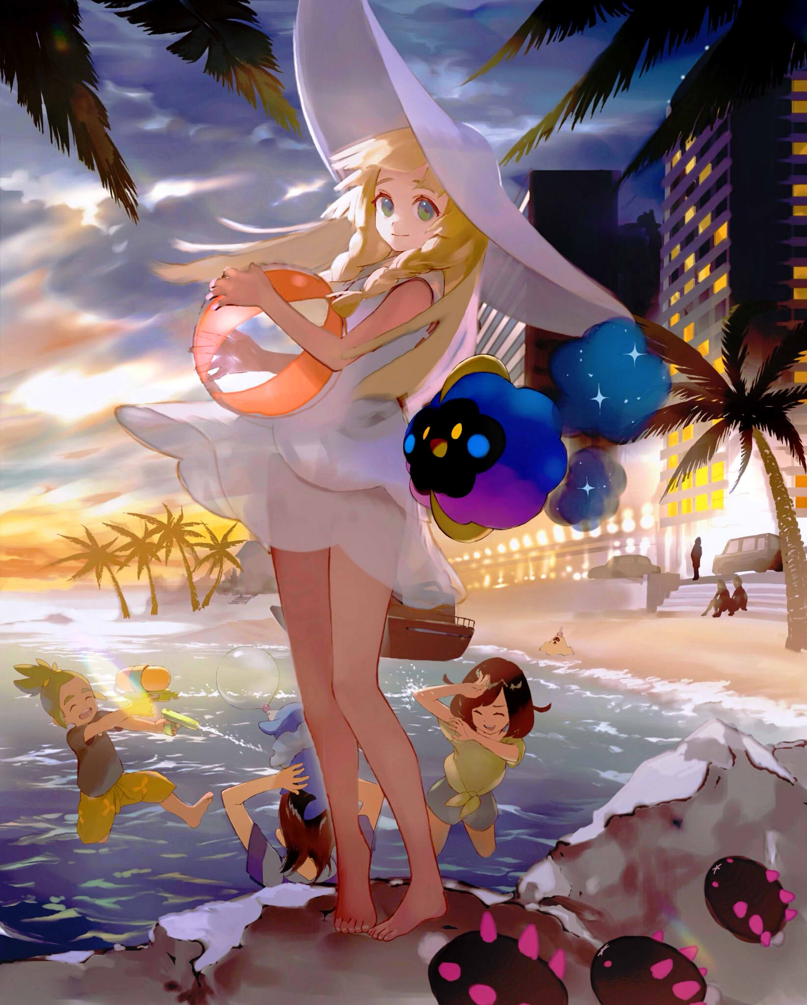 2boys 2girls ball barefoot beach beachball black_shirt blonde_hair braid brown_hair bubble capri_pants car closed_eyes clouds commentary_request cosmog dark-skinned_male dark_skin dress elio_(pokemon) eyelashes gen_7_pokemon green_eyes green_hair ground_vehicle hat hau_(pokemon) highres holding legendary_pokemon lillie_(pokemon) long_hair motor_vehicle multiple_boys multiple_girls on_head open_mouth orange_mikan outdoors palm_tree pants pigeon-toed pokemon pokemon_(creature) pokemon_(game) pokemon_on_head pokemon_sm popplio pyukumuku sand see-through selene_(pokemon) shirt shore short_ponytail short_sleeves shorts sleeveless sleeveless_dress smile stairs standing striped striped_shirt sun_hat sundress t-shirt tied_shirt toes tongue tree twin_braids upper_teeth water water_gun white_dress white_headwear |d