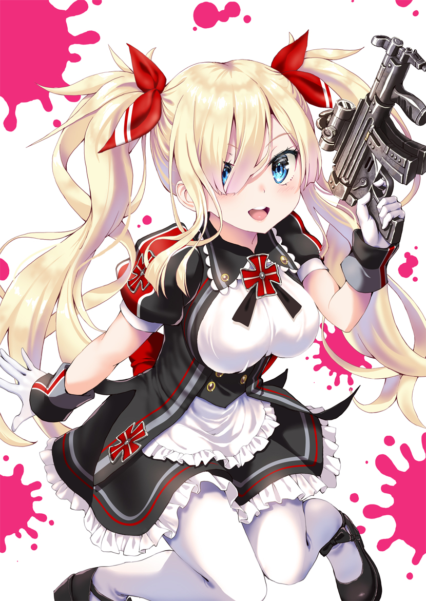 1girl black_footwear blonde_hair blue_eyes blush bow breasts cross frills gloves gun hair_bow holding holding_gun holding_weapon kubota_masaki looking_at_viewer open_mouth original puffy_sleeves red_bow red_neckwear solo splatter teeth tongue twintails upper_teeth weapon white_background white_gloves white_legwear