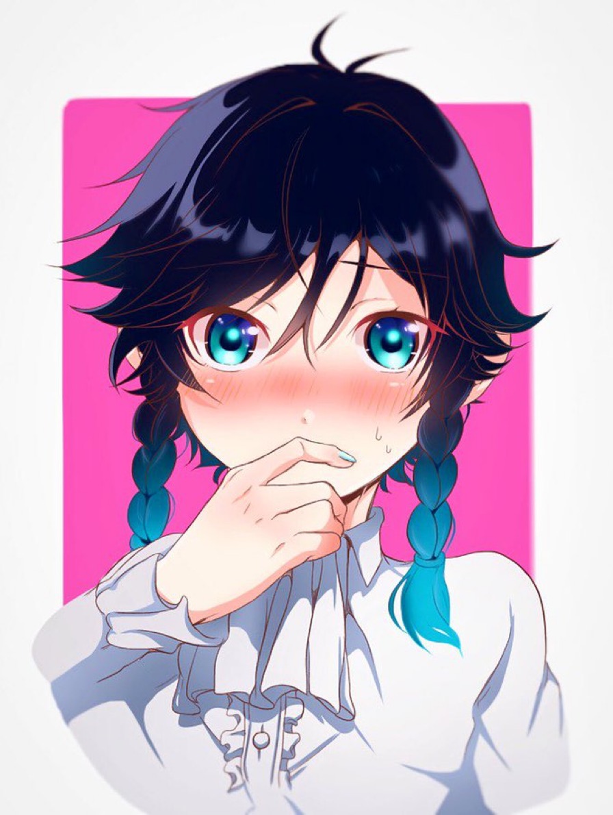 1boy androgynous ascot bangs black_hair blue_hair blue_nails blush braid collared_shirt commentary_request covered_mouth cravat eyebrows_visible_through_hair flower frilled_sleeves frills genshin_impact gradient_hair green_eyes hand_on_own_face liuli_mao_cai_ye long_sleeves looking_at_viewer male_focus multicolored_hair nail_polish pink_background shirt short_hair_with_long_locks sidelocks simple_background solo sweat twin_braids venti_(genshin_impact) white_background white_shirt