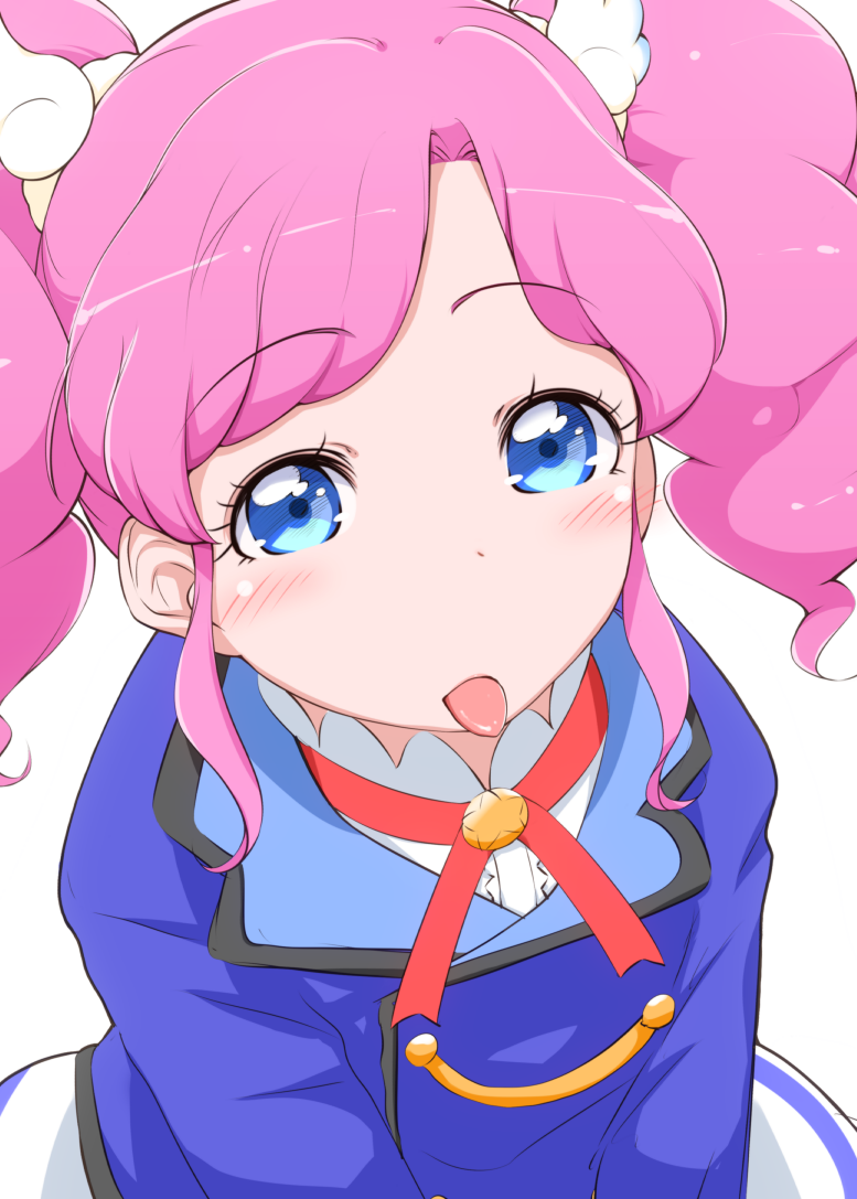 1girl aikatsu! aikatsu!_(series) amahane_madoka blue_eyes blue_jacket blush buttons dot_nose double-breasted jacket long_sleeves looking_at_viewer medium_hair pink_hair simple_background solo tongue tongue_out twintails upper_body white_background yonekura_hisaki