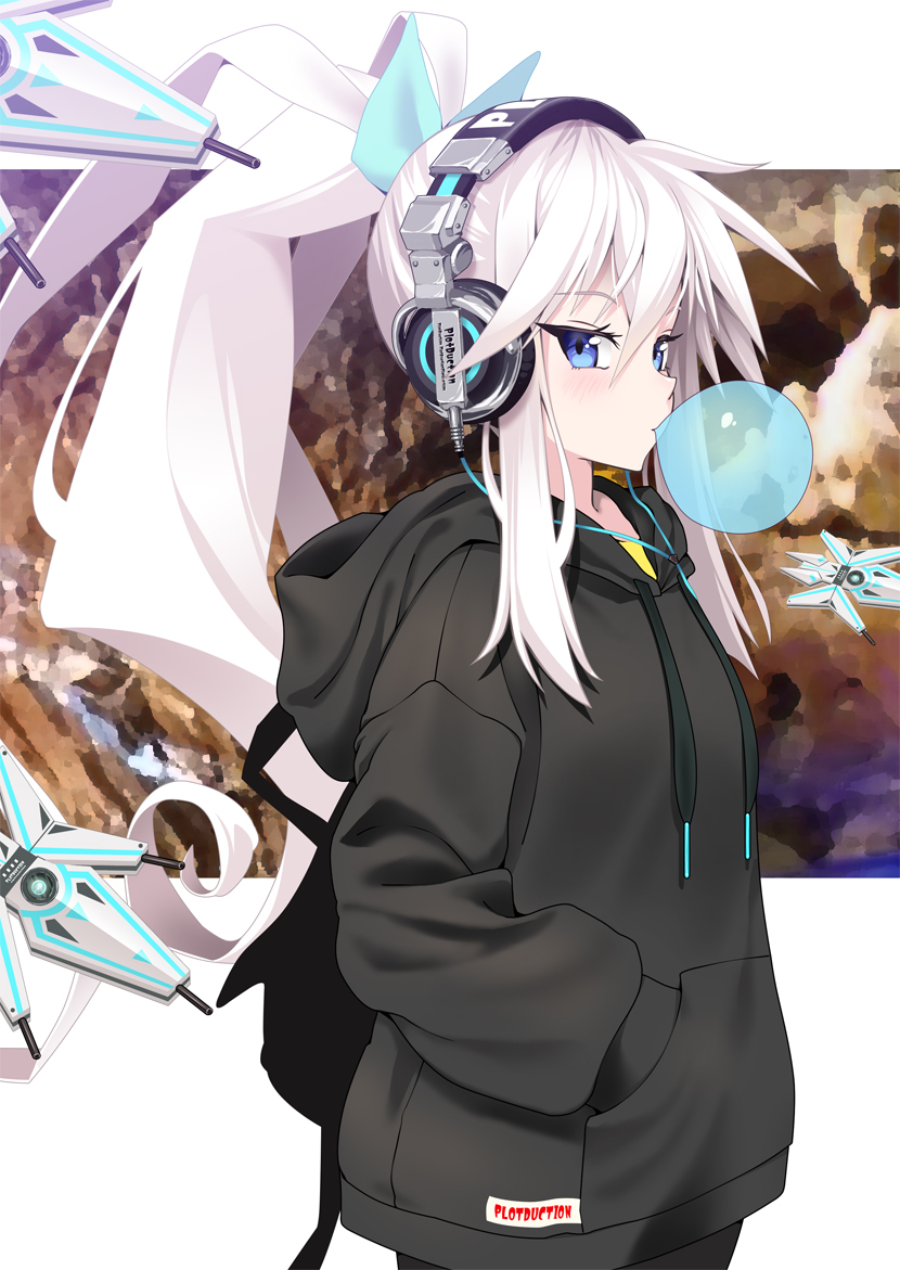 1girl bag black_hoodie blue_eyes blush bubble_blowing chewing_gum drone english_text floating hair_between_eyes hands_in_pocket headphones hood hood_down hoodie kubota_masaki long_hair looking_at_viewer original ponytail rock science_fiction solo very_long_hair white_hair