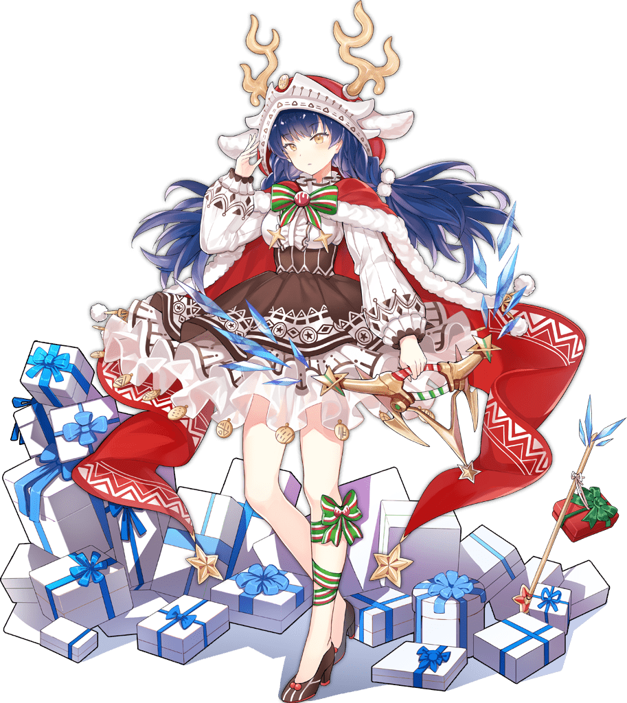 1girl animal_ears antlers ark_order arrow_(projectile) bangs blue_hair bow bow_(weapon) bowtie braid breasts brown_footwear brown_skirt cape capelet deer_ears dongmyeong_of_goguryeo frilled_skirt frills fur-trimmed_cape fur_trim gift hair_ornament high-waist_skirt holding holding_bow_(weapon) holding_weapon hood hooded_cape large_breasts leg_ribbon long_hair long_sleeves looking_at_viewer low_twin_braids lpip official_art pom_pom_(clothes) pom_pom_hair_ornament puffy_long_sleeves puffy_sleeves red_cape reindeer_antlers ribbon shirt shoes skirt sleeve_cuffs solo striped_footwear tachi-e transparent_background twin_braids very_long_hair weapon white_shirt yellow_eyes