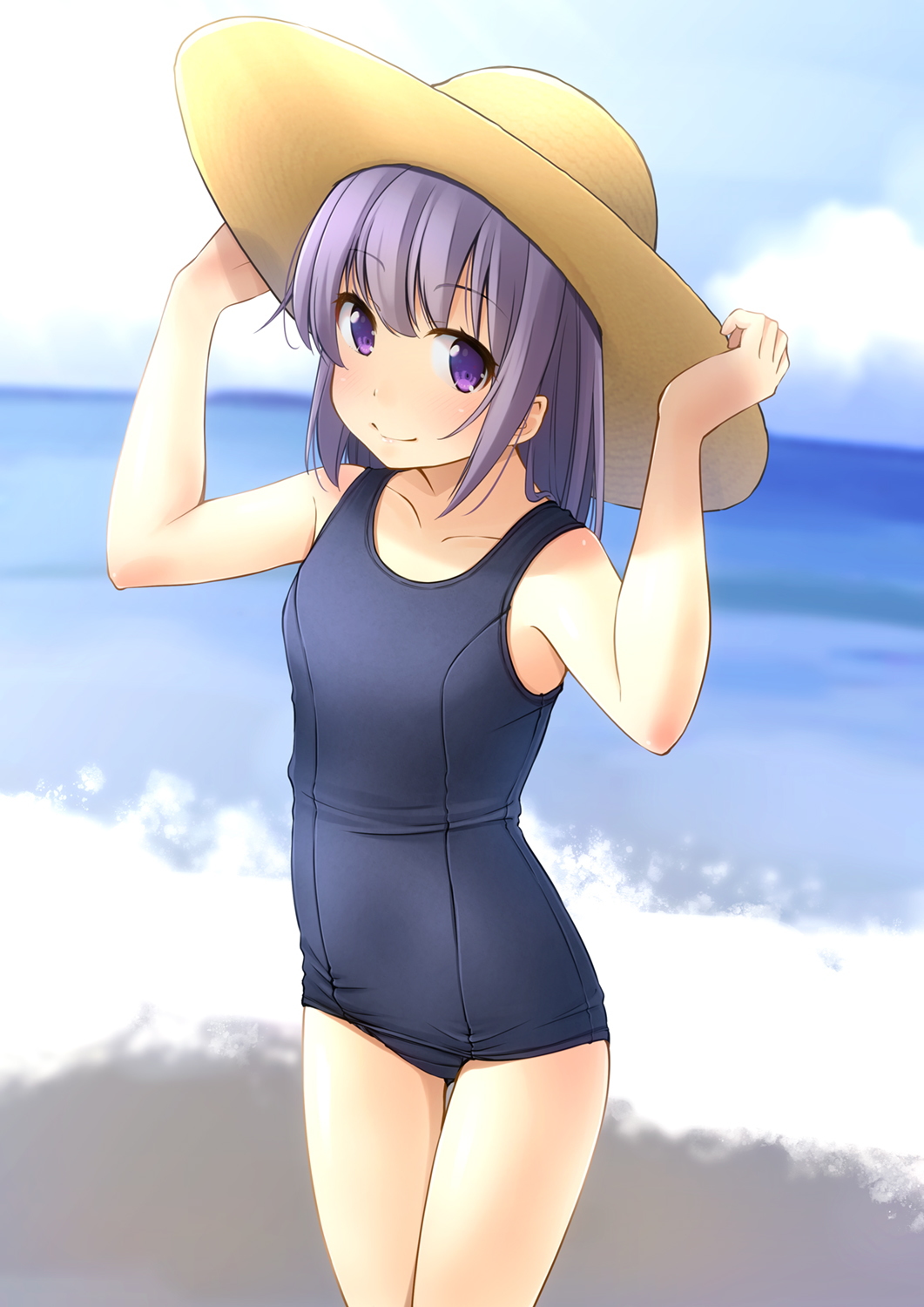 1girl arms_up ass_visible_through_thighs bare_arms bare_shoulders black_swimsuit blue_sky breasts brown_headwear closed_mouth clouds collarbone commentary_request day hands_on_headwear hat highres horizon long_hair looking_at_viewer ocean old_school_swimsuit one-piece_swimsuit original outdoors purple_hair school_swimsuit shibacha sky small_breasts smile solo standing sun_hat swimsuit thigh_gap violet_eyes water