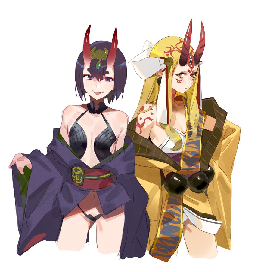 2girls blonde_hair bob_cut cropped_legs eyeliner facial_mark fate/grand_order fate_(series) forehead_mark headpiece hit-kun horns ibaraki_douji_(fate) japanese_clothes kimono long_hair looking_at_viewer makeup multiple_girls off_shoulder oni oni_horns purple_hair purple_kimono revealing_clothes short_eyebrows short_hair short_kimono shuten_douji_(fate) simple_background sketch smile tattoo violet_eyes white_background yellow_eyes yellow_kimono