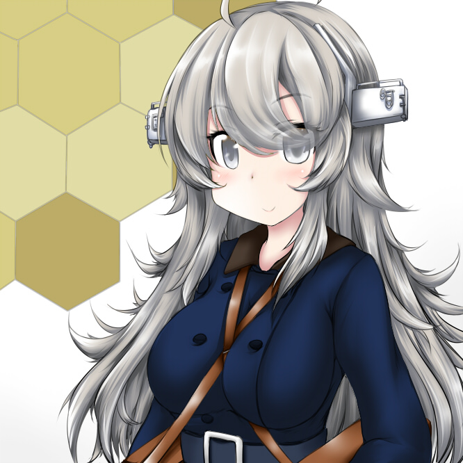 1girl ahoge belt between_breasts blue_coat breasts coat commentary_request cosplay grey_eyes headgear honeycomb_(pattern) honeycomb_background kantai_collection large_breasts long_hair looking_at_viewer ouno_(nounai_disintegration) silver_hair solo souya_(kancolle) souya_(kancolle)_(cosplay) strap_between_breasts washington_(kancolle)