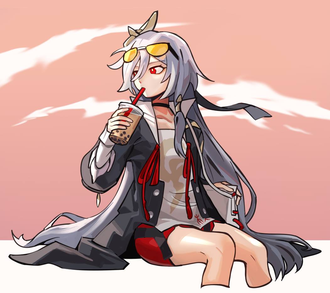 1girl black_coat black_hair casual clouds cloudy_sky coat drinking drinking_straw eyewear_on_head fu_hua fu_hua_(herrscher_of_sentience) hair_between_eyes hair_ornament holding honkai_(series) honkai_impact_3rd invisible_chair long_hair looking_to_the_side milk_tea multicolored_hair orange_sky red_eyes red_shorts shirt shorts sitting sky solo streaked_hair sunglasses sunset white_shirt zaraku