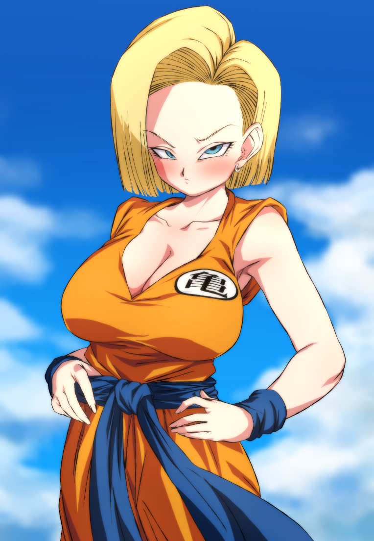 1girl android_18 blonde_hair blue_eyes blush breasts clouds cloudy_sky dougi dragon_ball earrings jewelry large_breasts looking_at_viewer rom_(20) sky solo