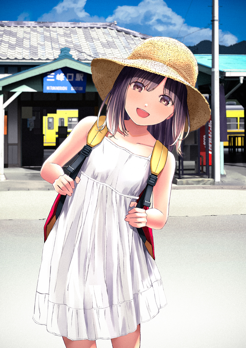 1girl backpack bag bangs bare_shoulders blue_sky blurry blurry_background blush brown_eyes brown_hair chikuwa_(odennabe) clouds collarbone dress hat leaning_to_the_side looking_at_viewer medium_hair open_mouth original outdoors sky sleeveless sleeveless_dress smile solo standing sun_hat sundress train_station white_dress