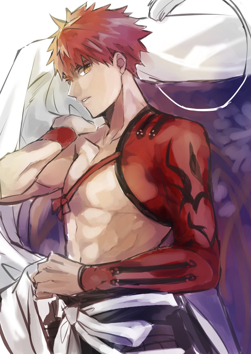 1boy bangs emiya_shirou fate/grand_order fate_(series) holding igote limited/zero_over looking_at_viewer male_focus parted_lips redhead sengo_muramasa_(fate) shima_f0509 sketch solo spiky_hair toned toned_male upper_body wristband yellow_eyes