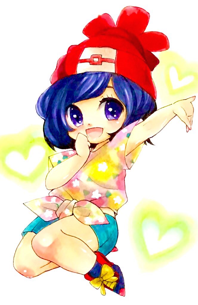 1girl aqua_shorts arm_up bangs beanie blue_hair blush bob_cut bow clenched_hand commentary_request flat_chest floral_print footwear_bow hand_up happy hat heart heart_background light_blush looking_at_viewer marker_(medium) mofuo multicolored_shirt open_mouth outstretched_arm poke_ball_symbol poke_ball_theme pokemon pokemon_(game) pokemon_sm red_footwear red_headwear selene_(pokemon) shiny shiny_hair shirt shoes short_hair short_shorts short_sleeves shorts simple_background smile solo swept_bangs tied_shirt traditional_media violet_eyes white_background yellow_bow