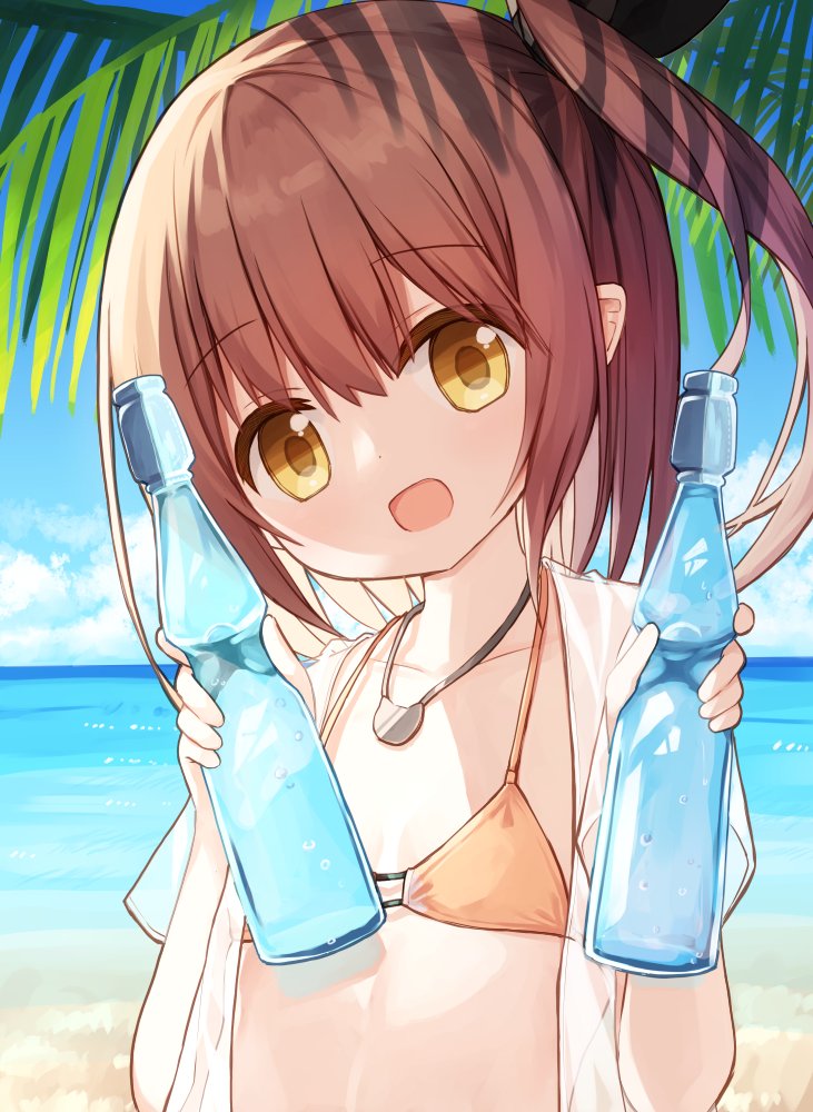 1girl :d bikini black_ribbon bottle brown_bikini brown_hair collarbone commentary_request day hair_ribbon hands_up head_tilt holding holding_bottle horizon long_hair lucena_winter ocean one_side_up open_clothes open_mouth open_shirt original outdoors palm_tree ramune ribbon shirt short_sleeves smile solo swimsuit tree upper_body water white_shirt yellow_eyes yuuhagi_(amaretto-no-natsu)