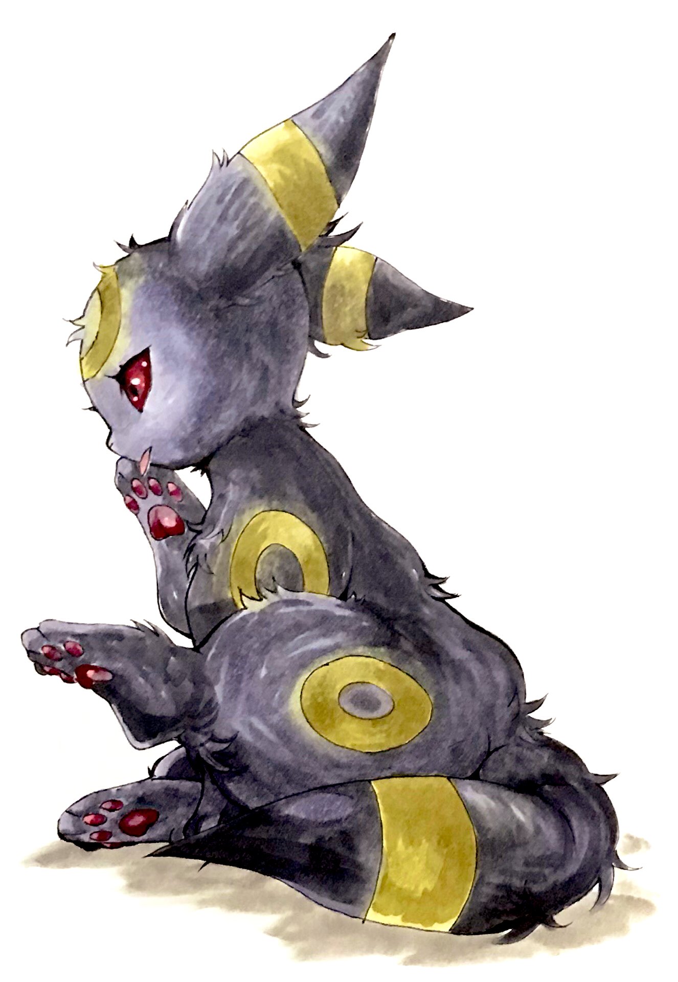 animal_focus black_eyes colored_sclera commentary english_commentary from_side full_body gen_2_pokemon highres licking marker_(medium) mofuo no_humans pokemon pokemon_(creature) profile red_sclera simple_background sitting solo tongue tongue_bath tongue_out traditional_media umbreon white_background
