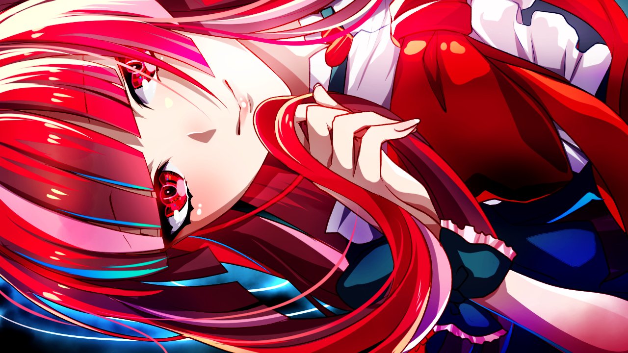 1girl bangs black_bow black_dress bow dress eyebrows_visible_through_hair holding holding_hair hololive hololive_indonesia itsuki_keiichi kureiji_ollie looking_at_viewer olivia_(kureiji_ollie) red_bow red_eyes redhead sideways smile solo upper_body wrist_bow