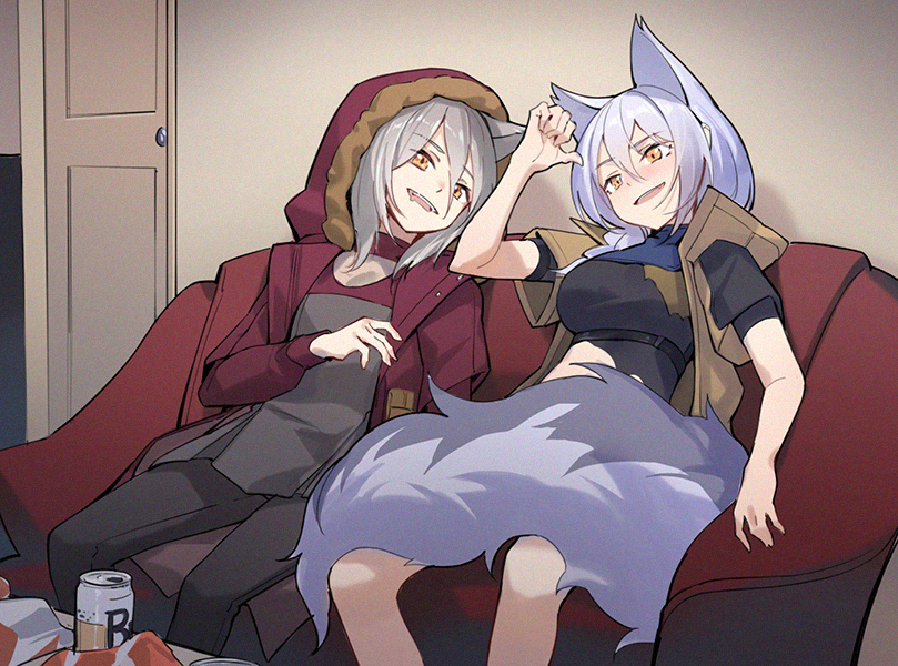 2girls :d animal_ears arknights bangs beer_can black_legwear black_shirt breasts can chinese_commentary commentary_request dress feet_out_of_frame fur-trimmed_jacket fur_trim grey_dress grey_hair hand_up hood hooded_jacket indoors jacket large_breasts large_tail long_sleeves multiple_girls nian open_clothes open_jacket open_mouth pantyhose projekt_red_(arknights) provence_(arknights) red_jacket shirt short_dress short_hair short_sleeves sitting smile tail wolf_ears wolf_tail yellow_eyes