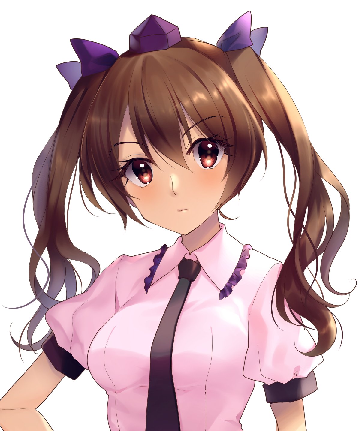 1girl bangs breasts brown_eyes brown_hair closed_mouth eyebrows_visible_through_hair hair_between_eyes highres himekaidou_hatate kaede_(mmkeyy) medium_breasts simple_background touhou twintails upper_body white_background