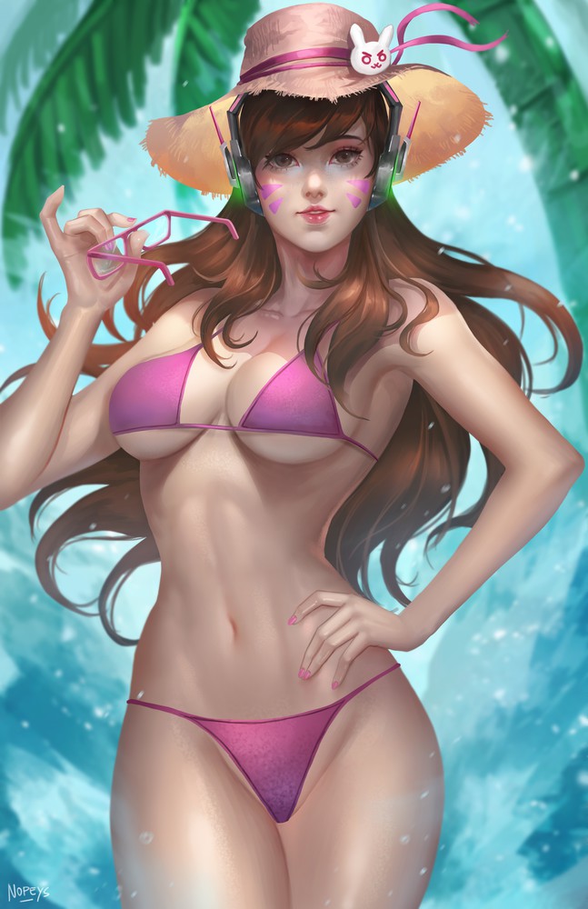 1girl artist_request bikini breasts brown_eyes brown_hair d.va_(overwatch) eyewear_removed glasses hand_on_hip hat headphones long_hair looking_at_viewer medium_breasts navel overwatch palm_tree pink_bikini source_request swimsuit tree waves