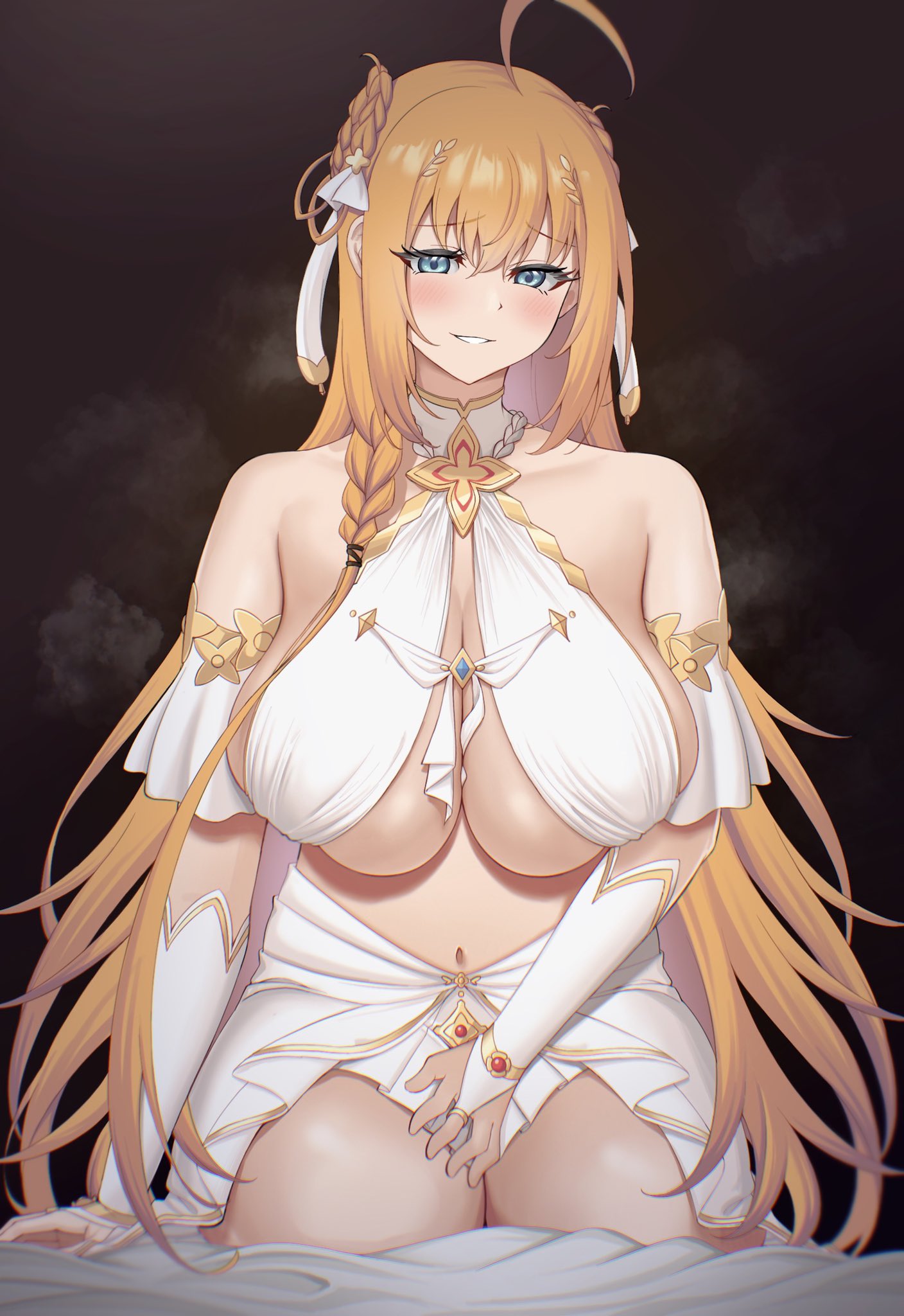 1girl ahoge bangs bare_shoulders bed_sheet between_breasts blue_eyes blush braid breasts breath clothing_request dark_background elbow_gloves eyebrows_visible_through_hair eyelashes gloves hair_between_eyes hair_ornament hair_tie highres huge_breasts kneeling long_braid long_hair looking_at_viewer navel orange_hair pecorine_(princess_connect!) period_(anony_83) princess_connect! revealing_clothes sagging_breasts seductive_smile smile solo under_boob very_long_hair white_gloves