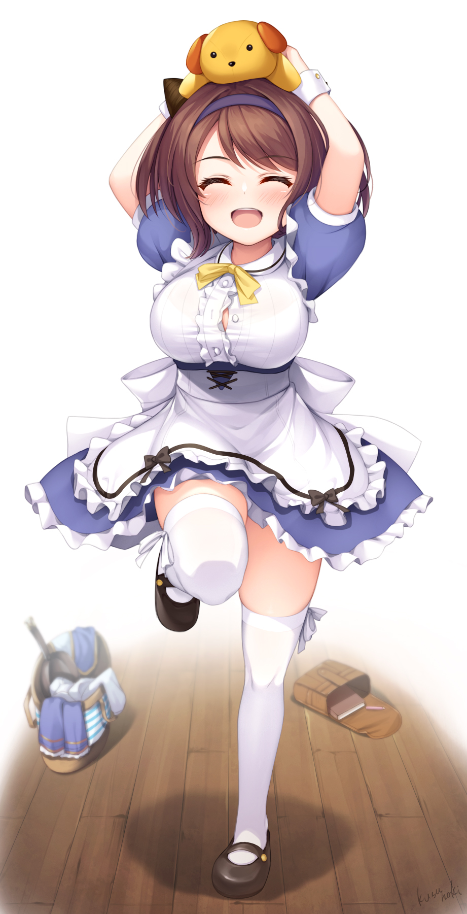 1girl :d ^_^ apron arms_up bag black_footwear blue_dress blue_hairband blush bow breasts brown_hair center_frills closed_eyes commentary_request draph dress facing_viewer frilled_apron frilled_dress frills granblue_fantasy hairband highres kusunoki_(escude) large_breasts on_head open_mouth puffy_short_sleeves puffy_sleeves shoes short_sleeves signature simple_background smile solo standing standing_on_one_leg stuffed_animal stuffed_dog stuffed_toy thigh-highs upper_teeth waist_apron white_apron white_background white_legwear wooden_floor wrist_cuffs yaia_(granblue_fantasy) yellow_bow