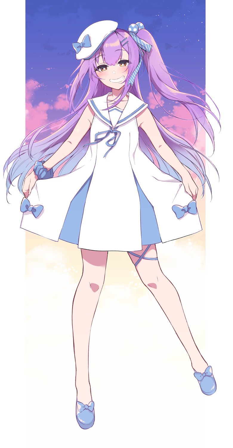 1girl anzu_channel blue_bow blue_footwear blush bow bright_pupils brown_eyes dress eyebrows_visible_through_hair full_body grin hair_ornament hairclip hat hat_bow highres hinomori_anzu long_hair looking_at_viewer one_side_up pochi_(pochi-goya) purple_hair sailor_collar sailor_dress scrunchie shoes smile solo very_long_hair white_dress white_headwear white_pupils white_sailor_collar wrist_scrunchie