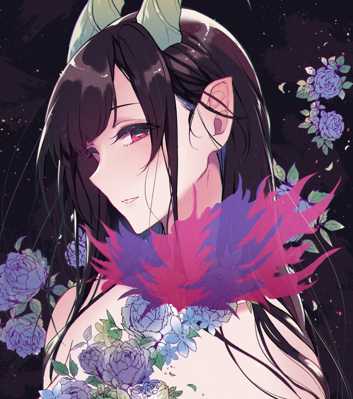 1girl ane_naru_mono brown_hair chiyo_(ane_naru_mono) flower highres horizontal_pupils horns long_hair looking_at_viewer nude pochi_(pochi-goya) pointy_ears portrait red_eyes rose smile solo upper_body