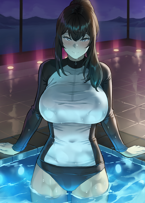 1girl arm_support bangs banned_artist black_hair blush breasts closed_mouth covered_navel grey_eyes high_ponytail kkamja large_breasts looking_at_viewer mountainous_horizon night night_sky original partially_submerged pool sidelocks skin_tight sky smile thighs tile_floor tiles water wet wetsuit window zipper