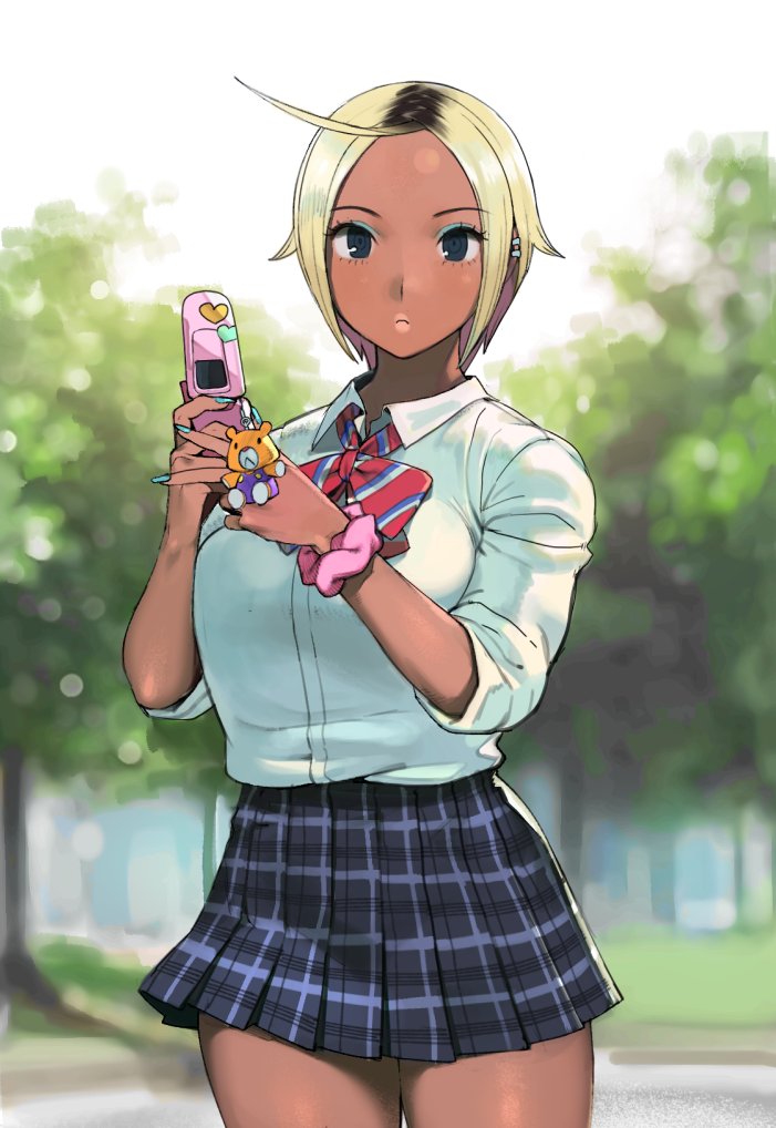 1girl blurry blurry_background bracelet breasts character_request closed_mouth conto copyright_request eyeliner gyaru holding holding_phone jewelry lipstick looking_at_viewer makeup nail_polish phone pleated_skirt shirt short_hair short_sleeves skirt solo standing white_shirt
