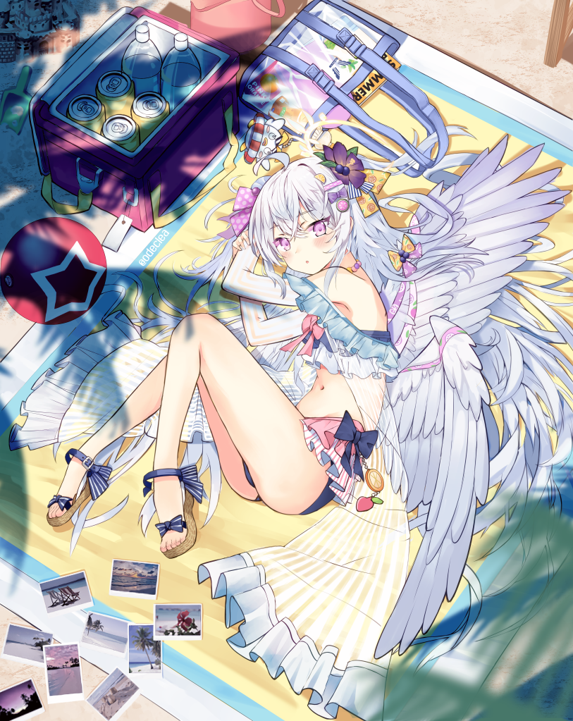 1girl :o ahoge arms_up azusa_(blue_archive) bag ball bangs bare_legs bare_shoulders bikini blue_archive blue_bikini blush bottle brown_footwear can commentary_request cooler day eyebrows_visible_through_hair feathered_wings flower from_above grey_wings hair_between_eyes hair_flower hair_ornament layered_bikini long_hair long_sleeves looking_at_viewer looking_up lying navel odeclea on_side outdoors parted_lips photo_(object) pink_eyes purple_flower sandals see-through solo star_(symbol) swimsuit very_long_hair white_bikini white_hair wings