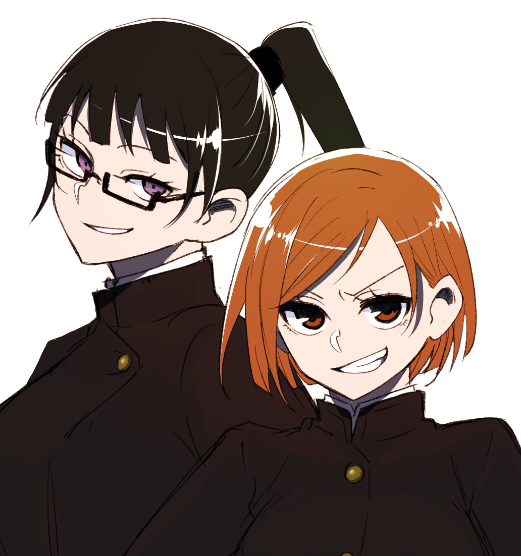 2girls bangs black_hair black_jacket brown_eyes buttons commentary_request gakuran glasses grin height_difference jacket jujutsu_kaisen kugisaki_nobara long_hair looking_at_viewer multiple_girls open_mouth orange_hair ponytail school_uniform semi-rimless_eyewear shiny shiny_hair short_hair simple_background smile teeth togawahaha under-rim_eyewear upper_body v-shaped_eyebrows violet_eyes white_background zen'in_maki