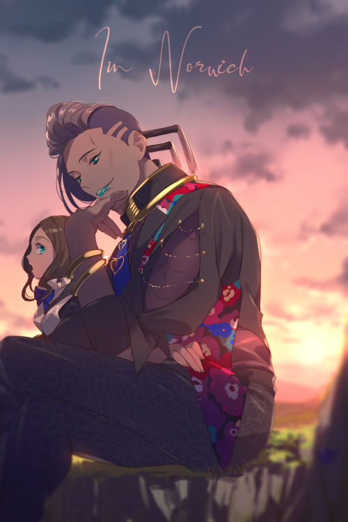 1boy 1girl blue_bow blue_eyes blue_lips bow bowtie bracelet brown_hair clouds commentary_request crossed_legs echo_(circa) english_text fate/grand_order fate_(series) fingernails forehead hair_ornament hair_tubes hand_on_own_face jewelry leonardo_da_vinci_(fate) leonardo_da_vinci_(rider)_(fate) lips lipstick long_hair looking_at_another looking_to_the_side makeup open_mouth outdoors pants parted_lips pink_hair scandinavia_peperoncino short_hair sitting sky smile teeth