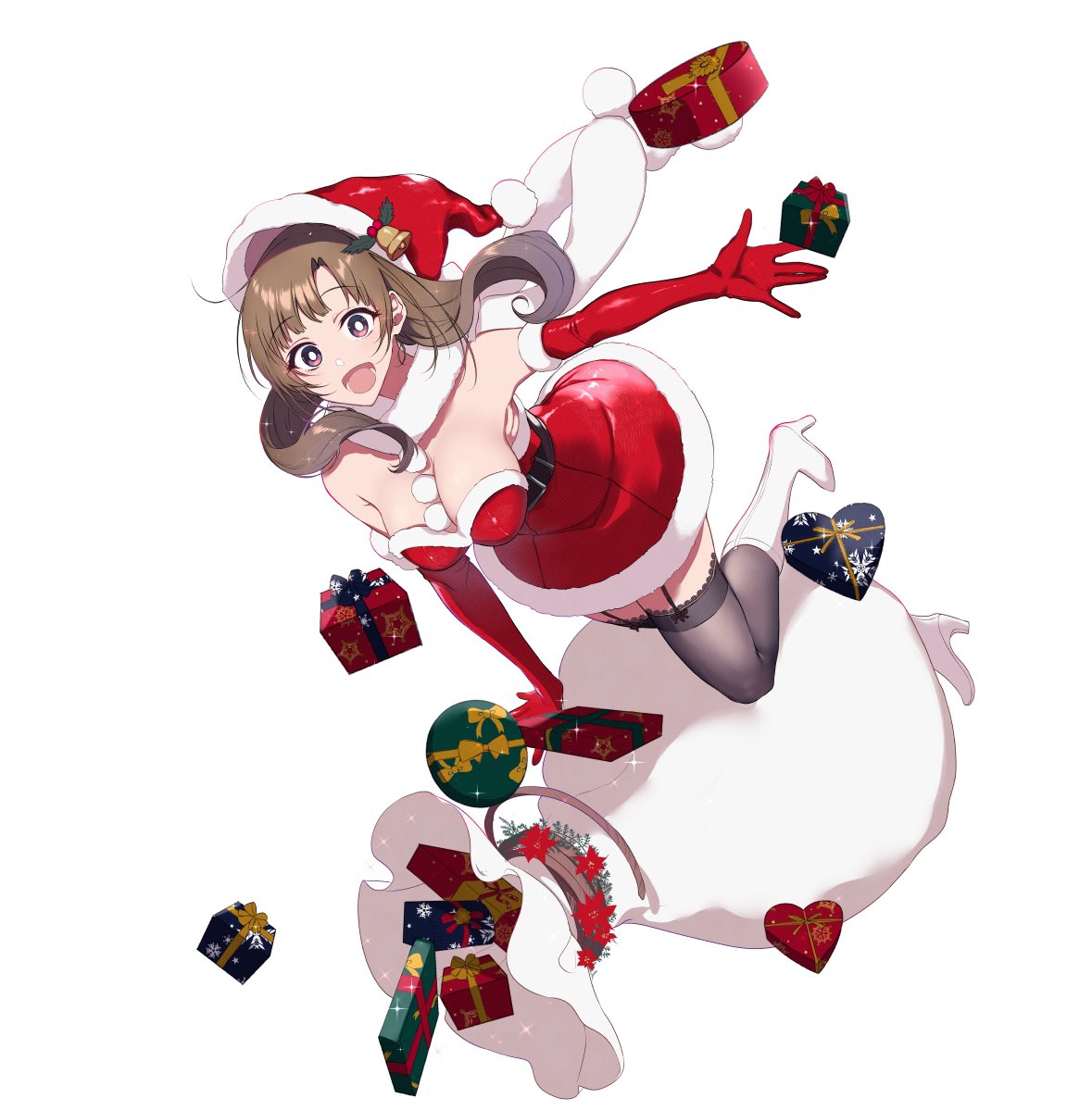 1girl :d ankle_boots belt boots breasts bright_pupils brown_hair christmas_gift dress elbow_gloves full_body gloves grey_legwear hanging_breasts hat highres large_breasts long_hair looking_at_viewer oosuki_mamako open_mouth pochi_(pochi-goya) red_dress red_gloves red_headwear sack santa_hat scarf simple_background smile solo thigh-highs tsuujou_kougeki_ga_zentai_kougeki_de_ni-kai_kougeki_no_okaasan_wa_suki_desu_ka? violet_eyes white_background white_footwear white_pupils white_scarf wide-eyed