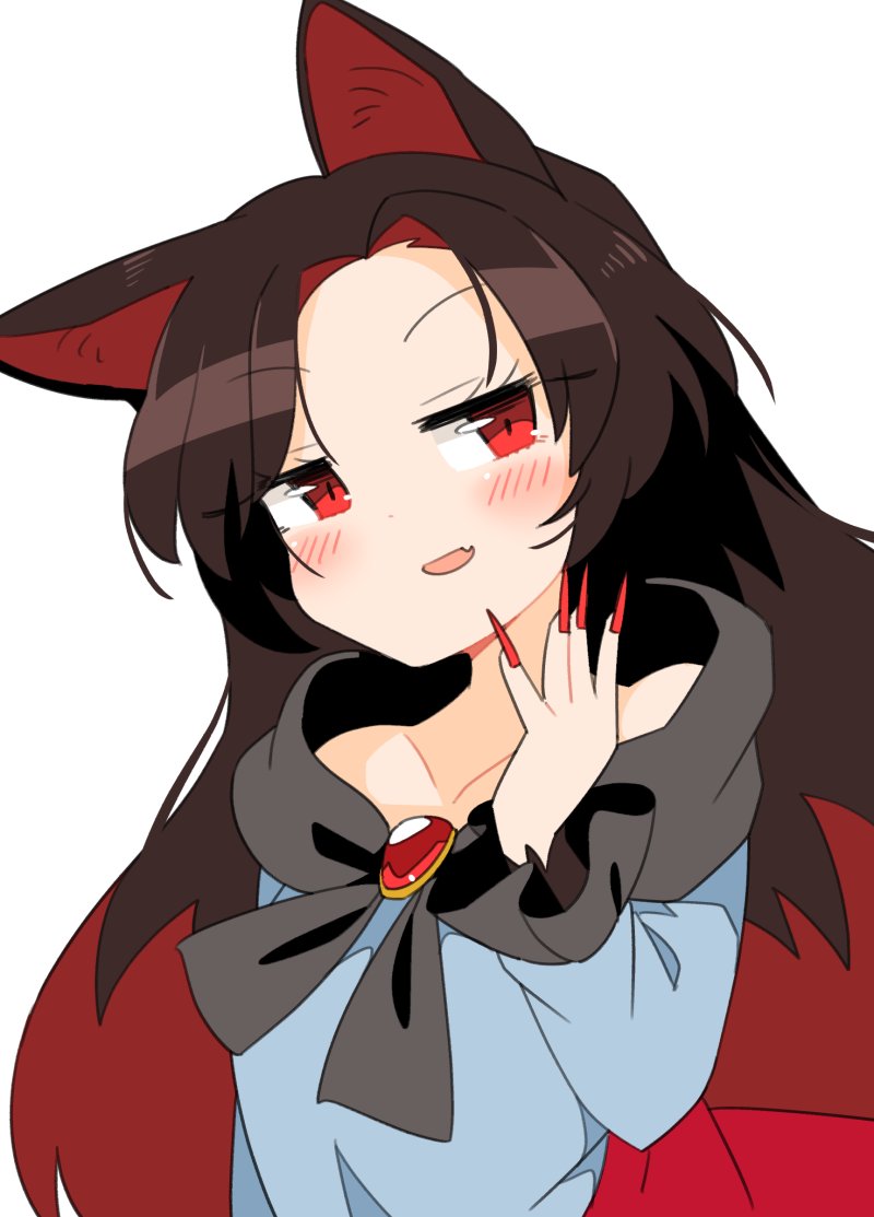 1girl :d animal_ears bangs brooch brown_hair dress eyebrows_visible_through_hair fang fingernails half-closed_eyes imaizumi_kagerou ini_(inunabe00) jewelry long_fingernails long_hair long_sleeves looking_at_viewer open_mouth red_eyes red_nails simple_background skin_fang smile solo tail touhou upper_body white_background white_dress wolf_ears