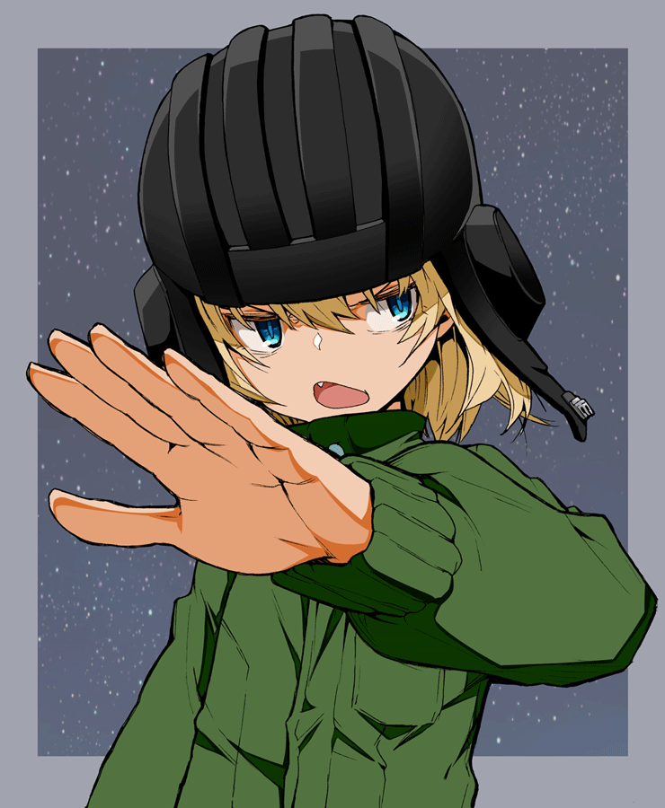 1girl aokaze_(mimi_no_uchi) commentary fang foreshortening girls_und_panzer helmet jumpsuit katyusha_(girls_und_panzer) long_sleeves looking_at_viewer pravda_military_uniform short_hair solo tank_helmet