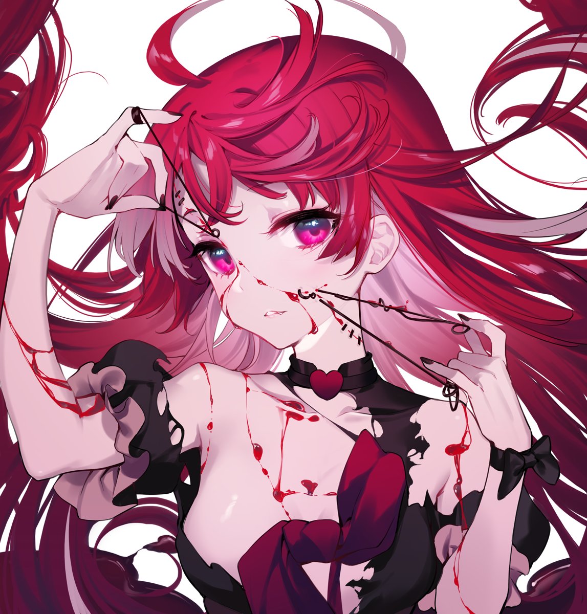 1girl ahoge black_bow black_dress black_nails blood bow breasts dress floating_hair highres hololive hololive_indonesia kureiji_ollie long_hair olivia_(kureiji_ollie) red_bow small_breasts solo stitches torn_clothes torn_dress upper_body violet_eyes virtual_youtuber white_background wrist_bow yaguo